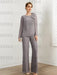 Full length grey chiffon mother of the bride pantsuit with sheer sleeves