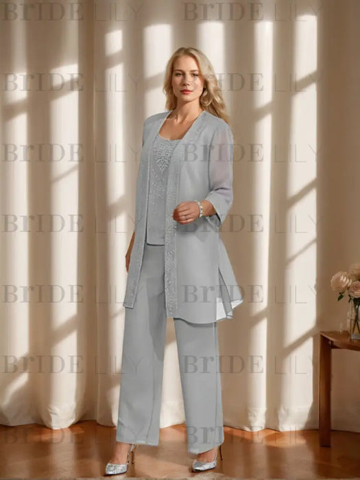 Grey chiffon three piece pantsuit seen in daylight