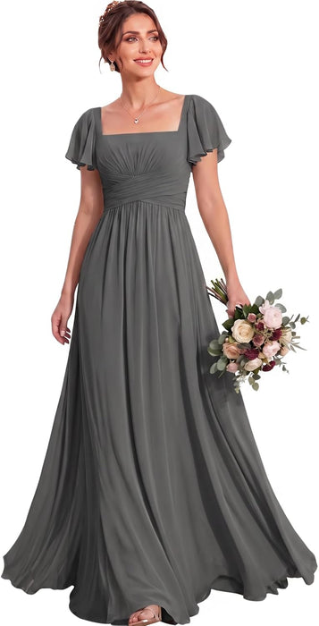 Bridelily Women's Flutter Sleeves Bridesmaid Dresses Square Neck Chiffon Maxi Dres - Gray