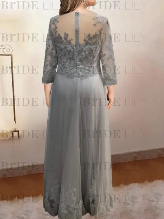 Back view of the grey lace and tulle gown in plus size