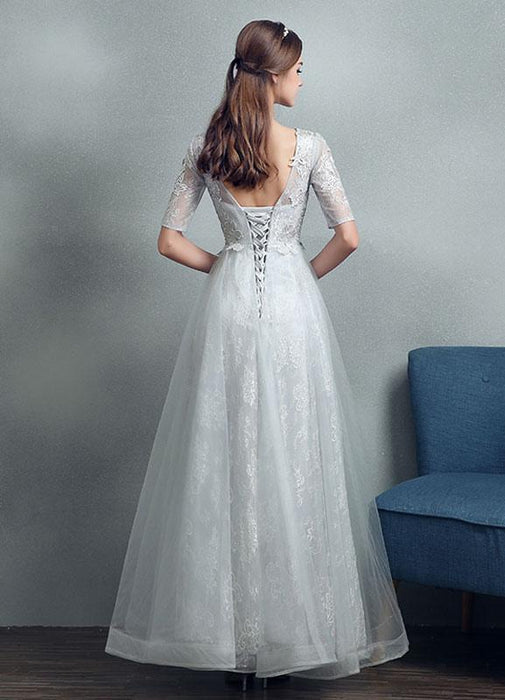 Summer Wedding Dresses 2021 Grey Lace Applique Maxi Bridal Gown Backless Half Sleeve Floor Length Bridal Dress