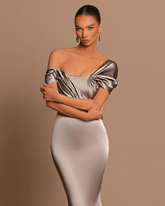 Grey Off-The-Shoulder Evening Dress Bateau Pleated Ball Gown
