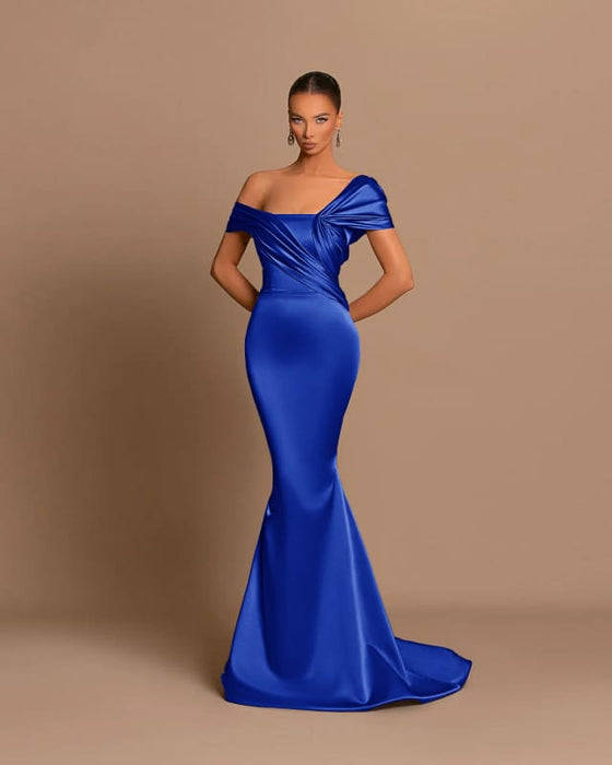 Grey Off-The-Shoulder Evening Dress Bateau Pleated Ball Gown