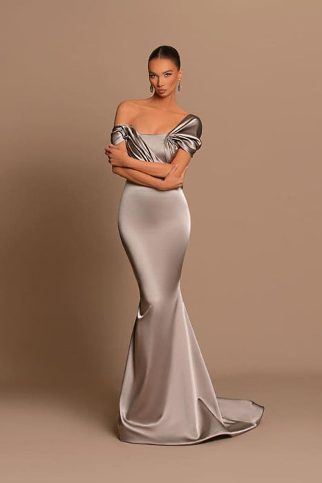 Grey Off-The-Shoulder Evening Dress Bateau Pleated Ball Gown