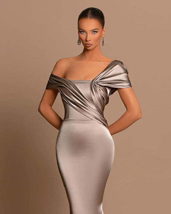 Grey Off-The-Shoulder Evening Dress Bateau Pleated Ball Gown