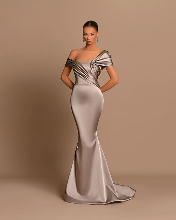 Grey Off-The-Shoulder Evening Dress Bateau Pleated Ball Gown