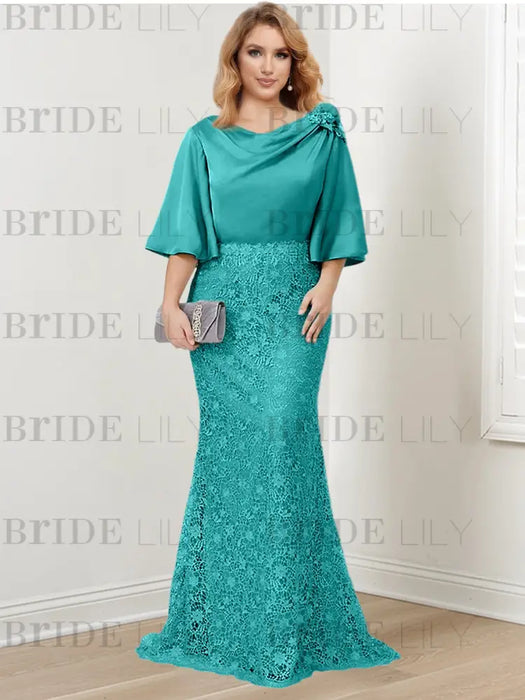 Aqua Blue guipure lace skirt mother of the bride gown with satin bell top