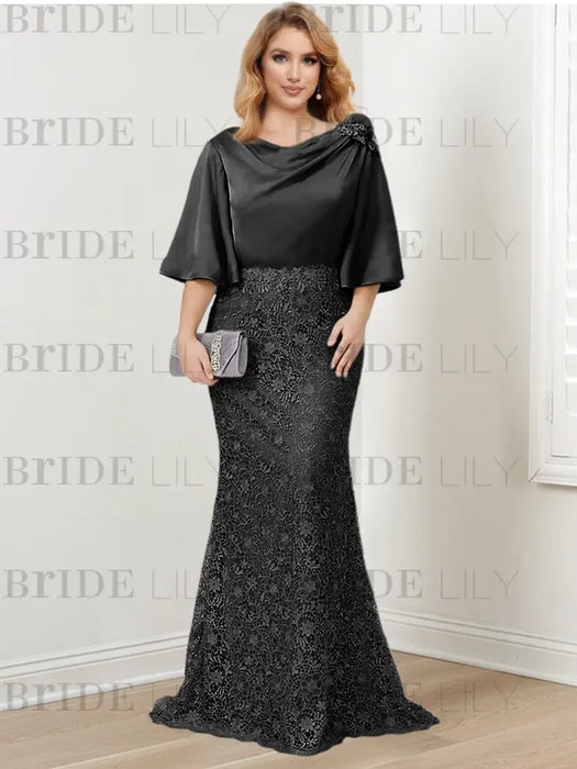 Black guipure lace skirt mother of the bride gown with satin bell top