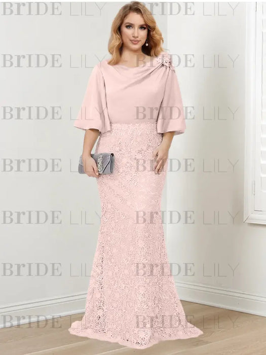 Guipure lace skirt gown with a satin bell sleeve top in blush pink