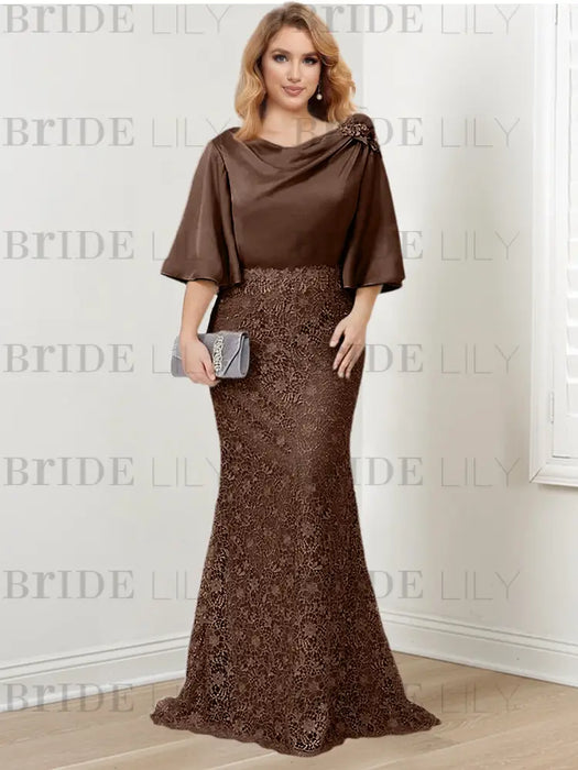 Brown guipure lace skirt mother of the bride gown with satin bell top