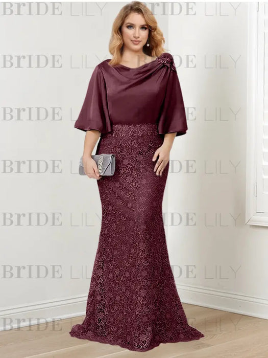 Burgundy guipure lace skirt mother of the bride gown with satin bell top
