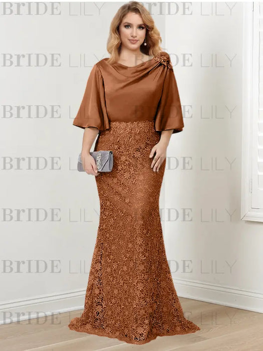 Burnt Orange guipure lace skirt mother of the bride gown with satin bell top