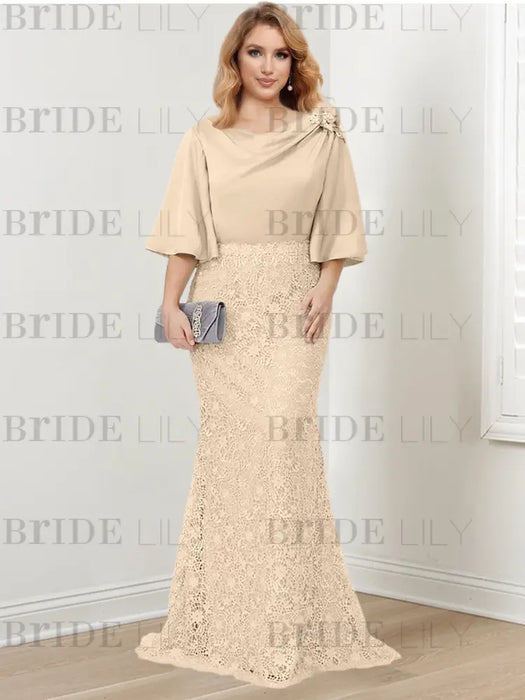 Guipure lace skirt gown with a satin bell sleeve top in champagne