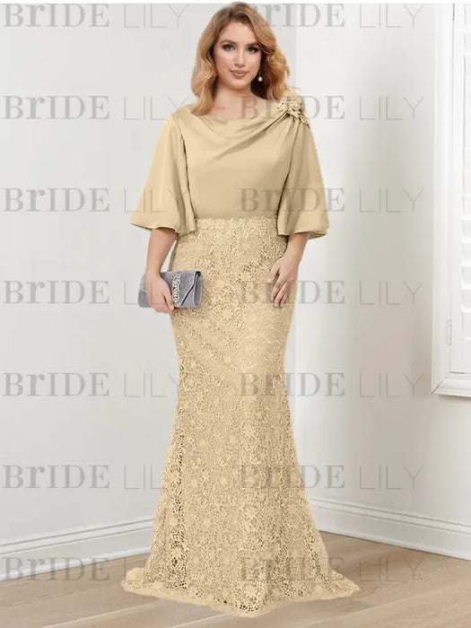 Champagne guipure lace skirt mother of the bride gown with satin bell top
