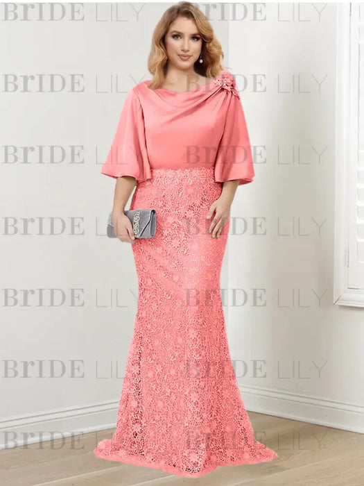 Coral guipure lace skirt mother of the bride gown with satin bell top
