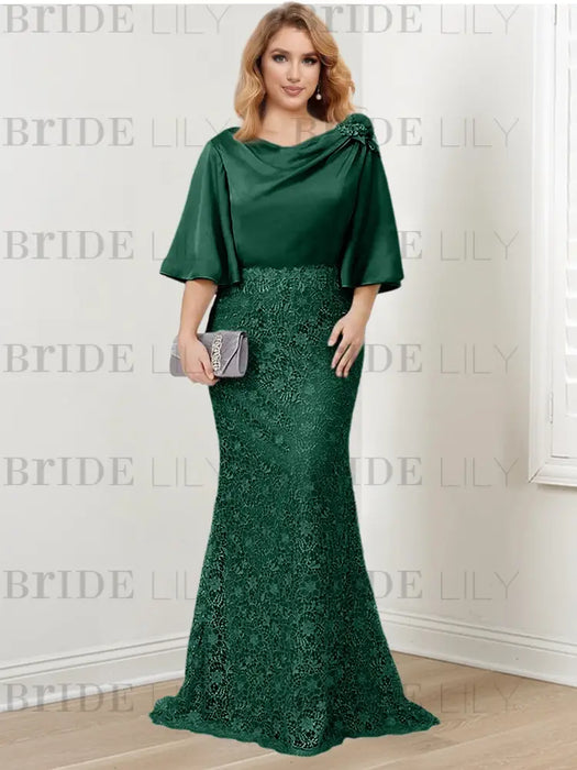 Dark Green guipure lace skirt mother of the bride gown with satin bell top