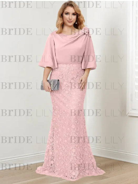 Dusty Pink guipure lace skirt mother of the bride gown with satin bell top