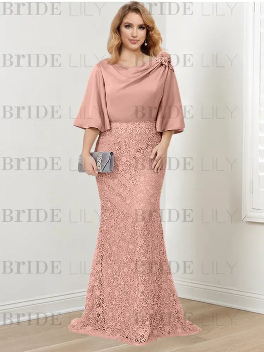 Dusty Rose guipure lace skirt mother of the bride gown with satin bell top