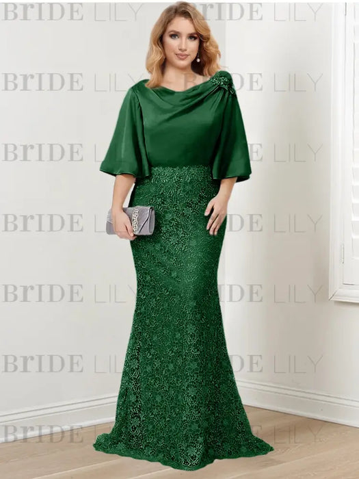 Emerald guipure lace skirt mother of the bride gown with satin bell top