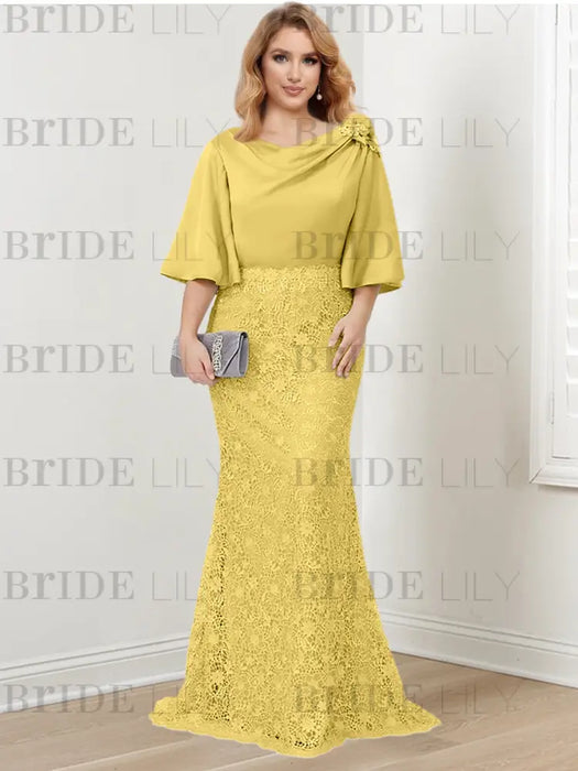 Gold guipure lace skirt mother of the bride gown with satin bell top