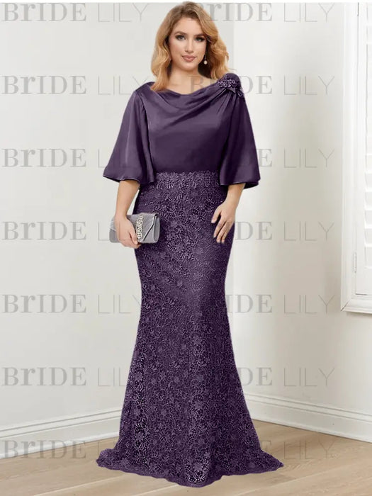 Grape guipure lace skirt mother of the bride gown with satin bell top