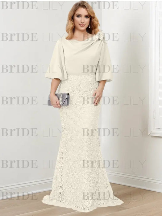 Guipure lace skirt gown with a satin bell sleeve top in ivory