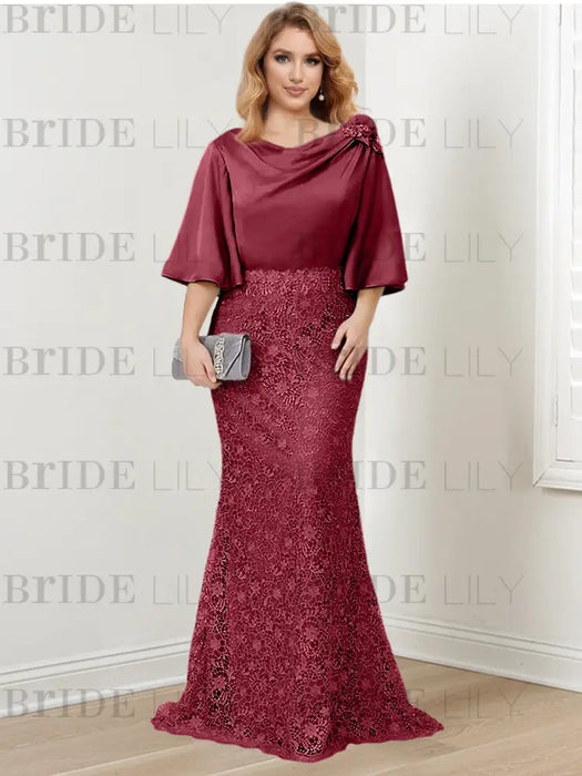 Light Burgundy guipure lace skirt mother of the bride gown with satin bell top