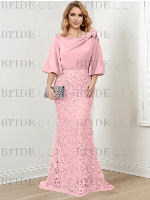 Light Pink guipure lace skirt mother of the bride gown with satin bell top