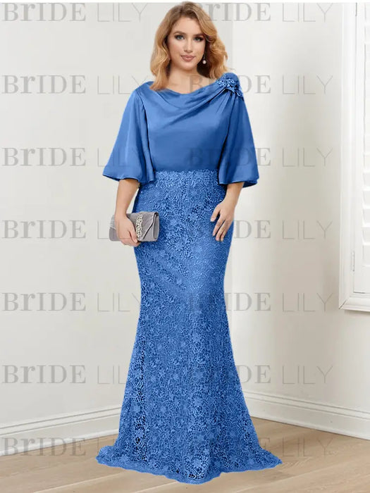 Light Royal Blue guipure lace skirt mother of the bride gown with satin bell top