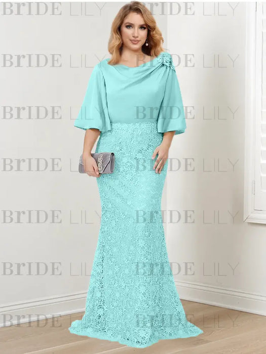 Light Sky Blue guipure lace skirt mother of the bride gown with satin bell top
