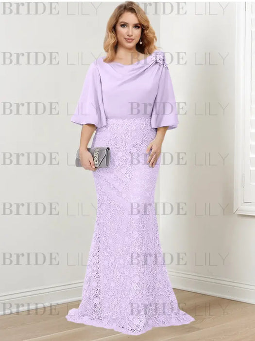 Lilac guipure lace skirt mother of the bride gown with satin bell top