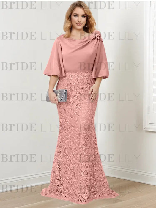 Mauve guipure lace skirt mother of the bride gown with satin bell top