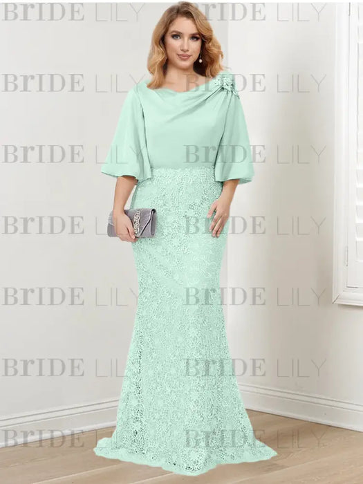 Mist Blue guipure lace skirt mother of the bride gown with satin bell top