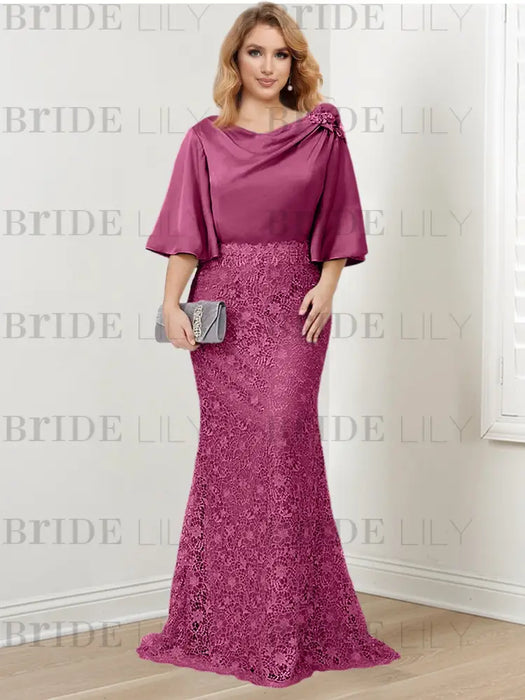 Mulberry guipure lace skirt mother of the bride gown with satin bell top