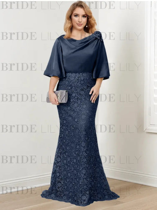 Navy Blue guipure lace skirt mother of the bride gown with satin bell top