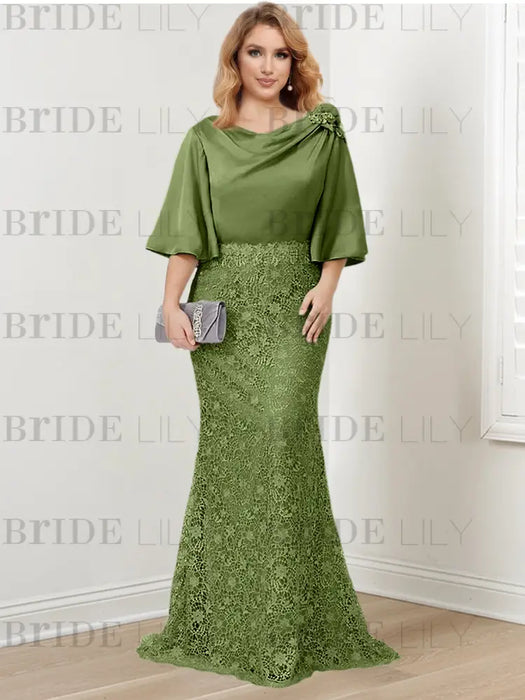 Olive Green guipure lace skirt mother of the bride gown with satin bell top