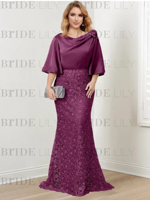 Orchid guipure lace skirt mother of the bride gown with satin bell top