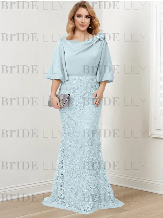 Guipure lace skirt gown with a satin bell sleeve top in pale blue