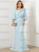 Guipure lace skirt gown with a satin bell sleeve top in pale blue