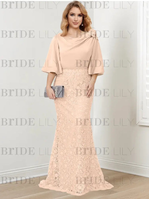 Peach Pink guipure lace skirt mother of the bride gown with satin bell top