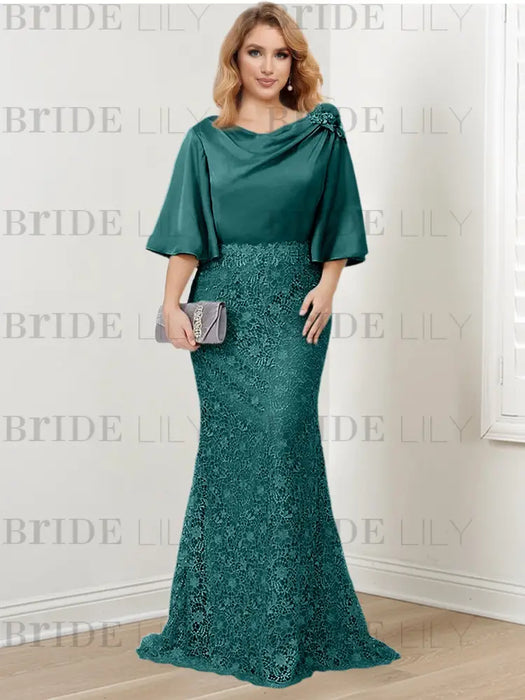 Peacock guipure lace skirt mother of the bride gown with satin bell top