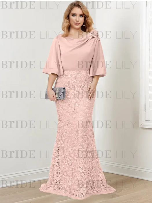 Pearl Pink guipure lace skirt mother of the bride gown with satin bell top