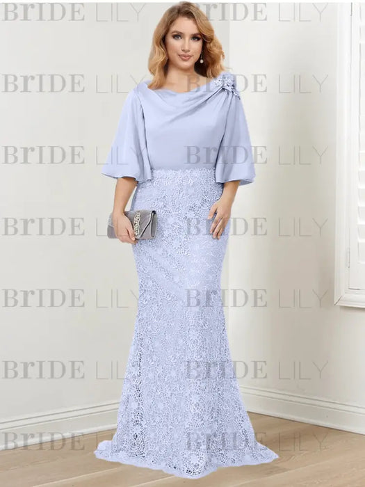 Guipure lace skirt gown with a satin bell sleeve top in periwinkle