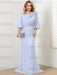Guipure lace skirt gown with a satin bell sleeve top in periwinkle