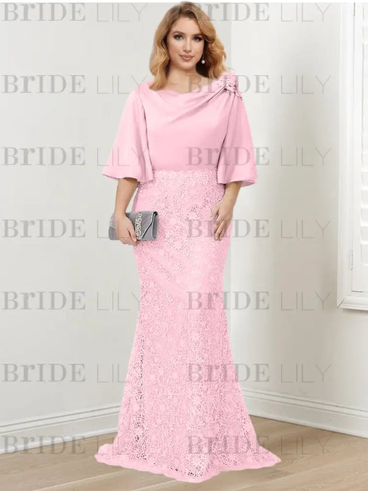 Pink guipure lace skirt mother of the bride gown with satin bell top