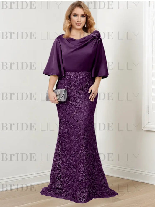 Plum guipure lace skirt mother of the bride gown with satin bell top