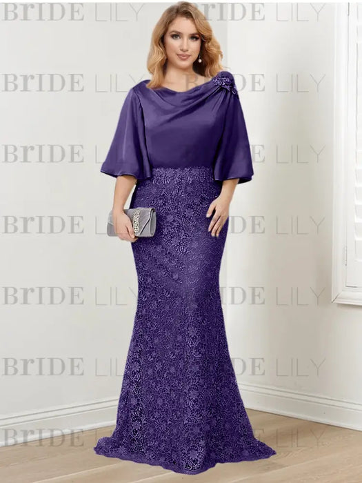 Purple guipure lace skirt mother of the bride gown with satin bell top