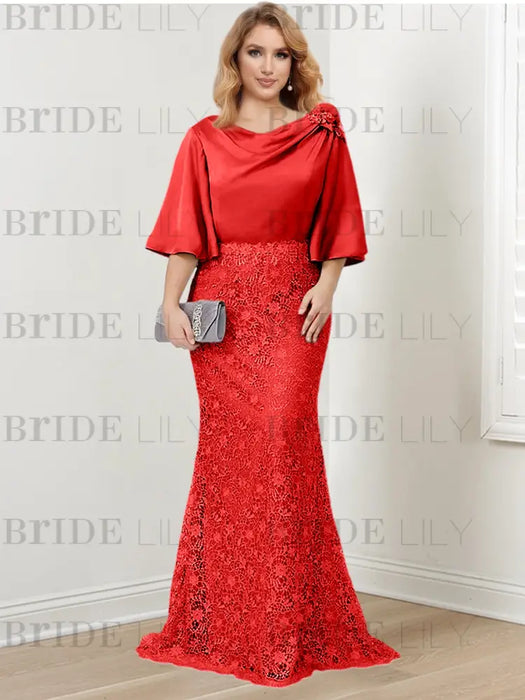 Red guipure lace skirt mother of the bride gown with satin bell top