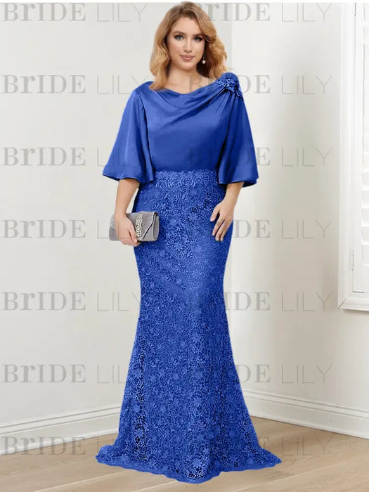 Royal Blue guipure lace skirt mother of the bride gown with satin bell top