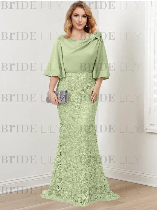 Guipure lace skirt gown with a satin bell sleeve top in sage green